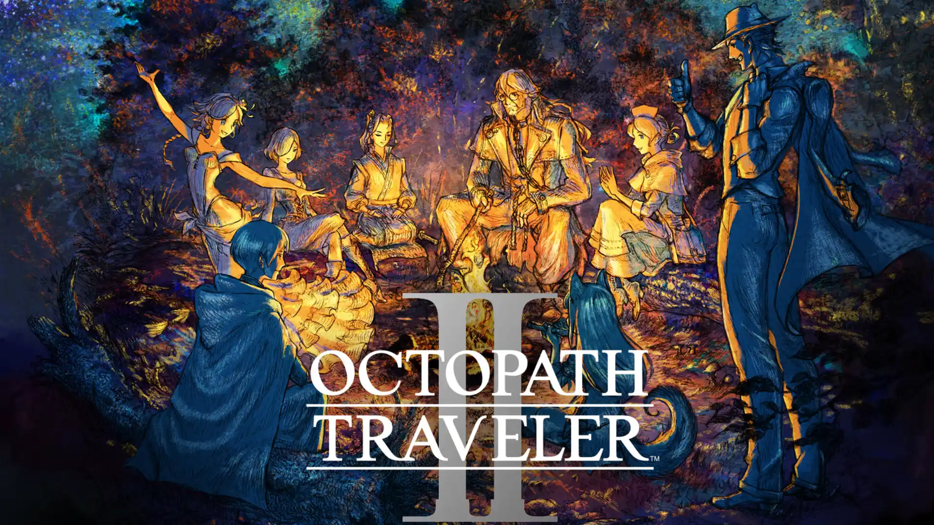Octopath Traveler II heroes gather around a glowing campfire beneath the game logo