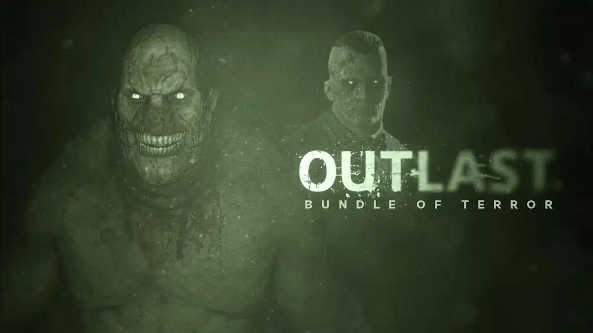 Outlast Bundle of Terror artwork showing two horror figures in a dark green night vision style scene.