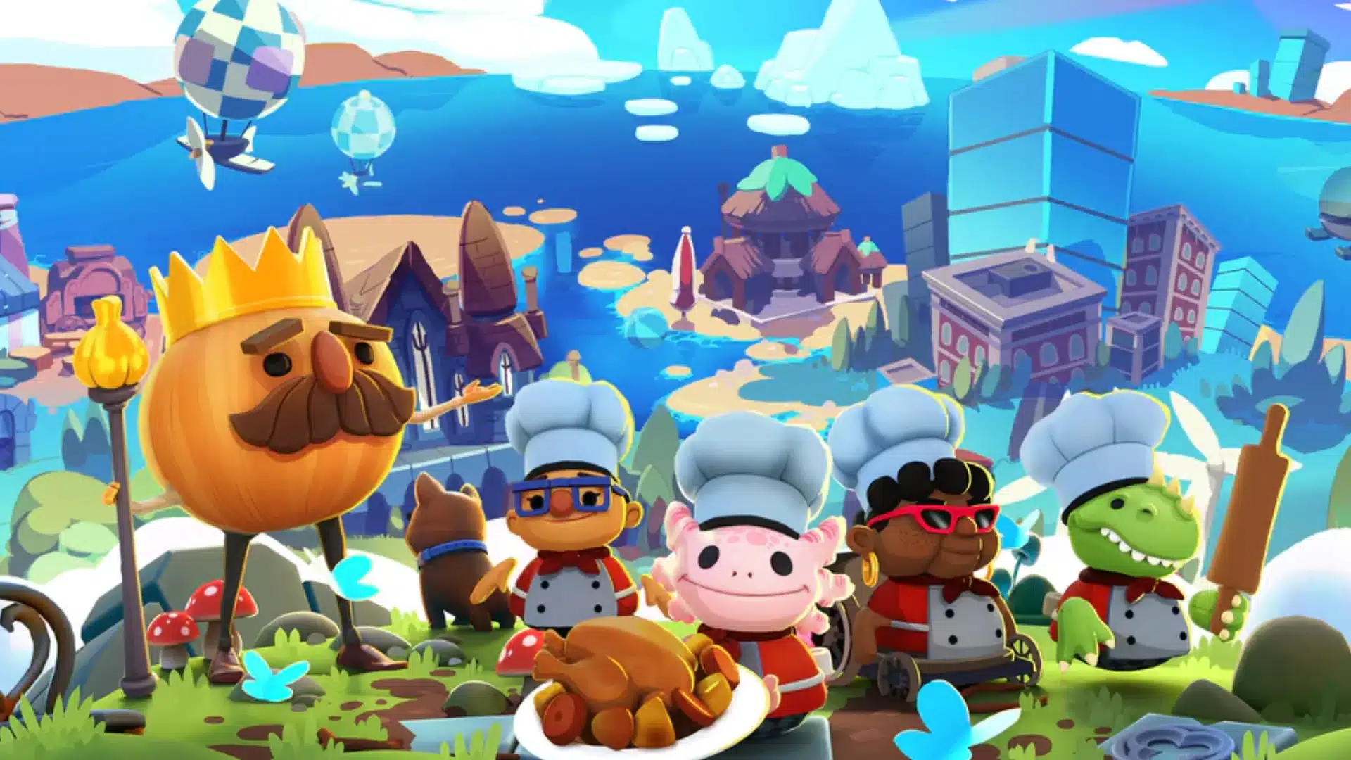Overcooked All You Can Eat cover with colorful chefs, king, food, and island scenery