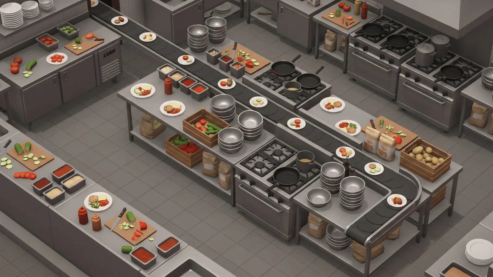 Busy kitchen with cooking stations, ingredients, and conveyor belts
