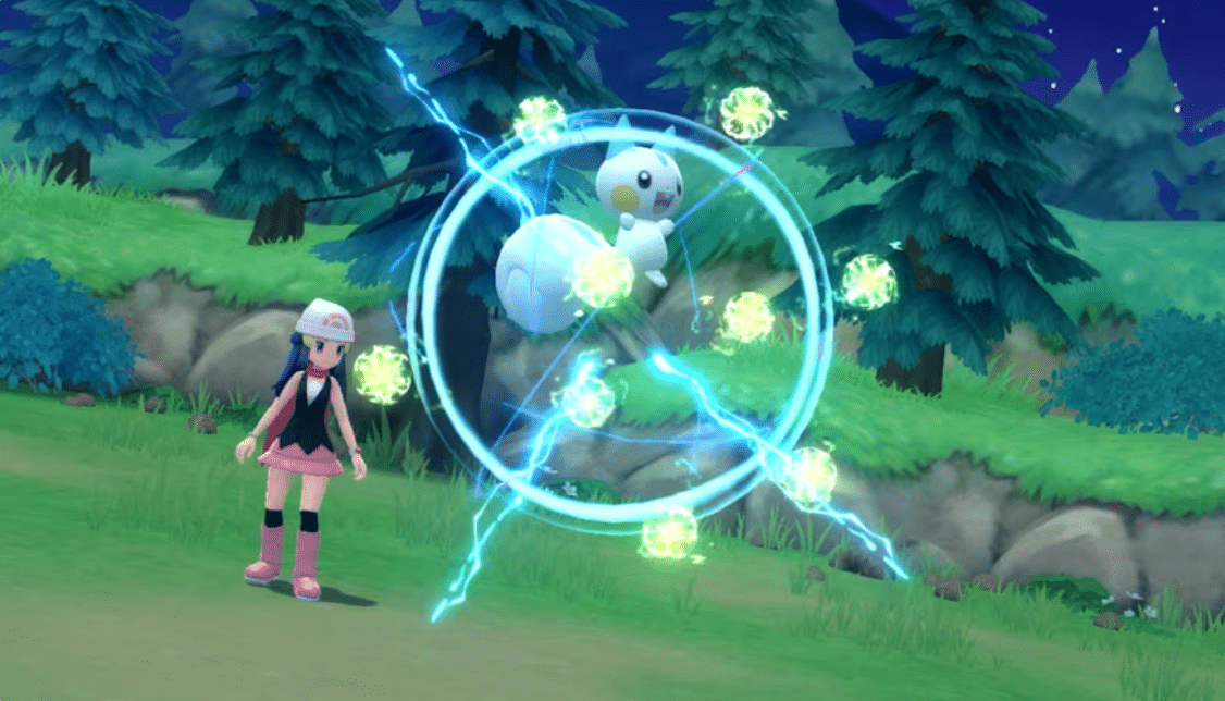 Pachirisu uses an electric attack beside its trainer in a nighttime forest in Pokémon Brilliant Diamond.