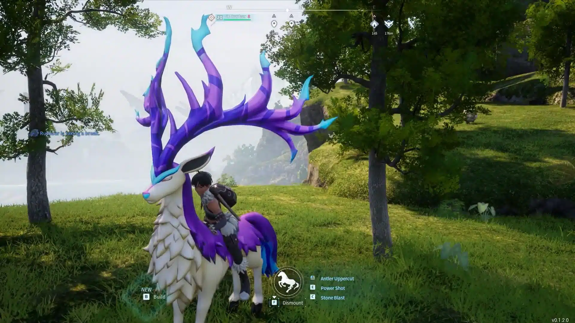 Player character riding a horned Eikthyrdeer mount across a grassy field in Palworld