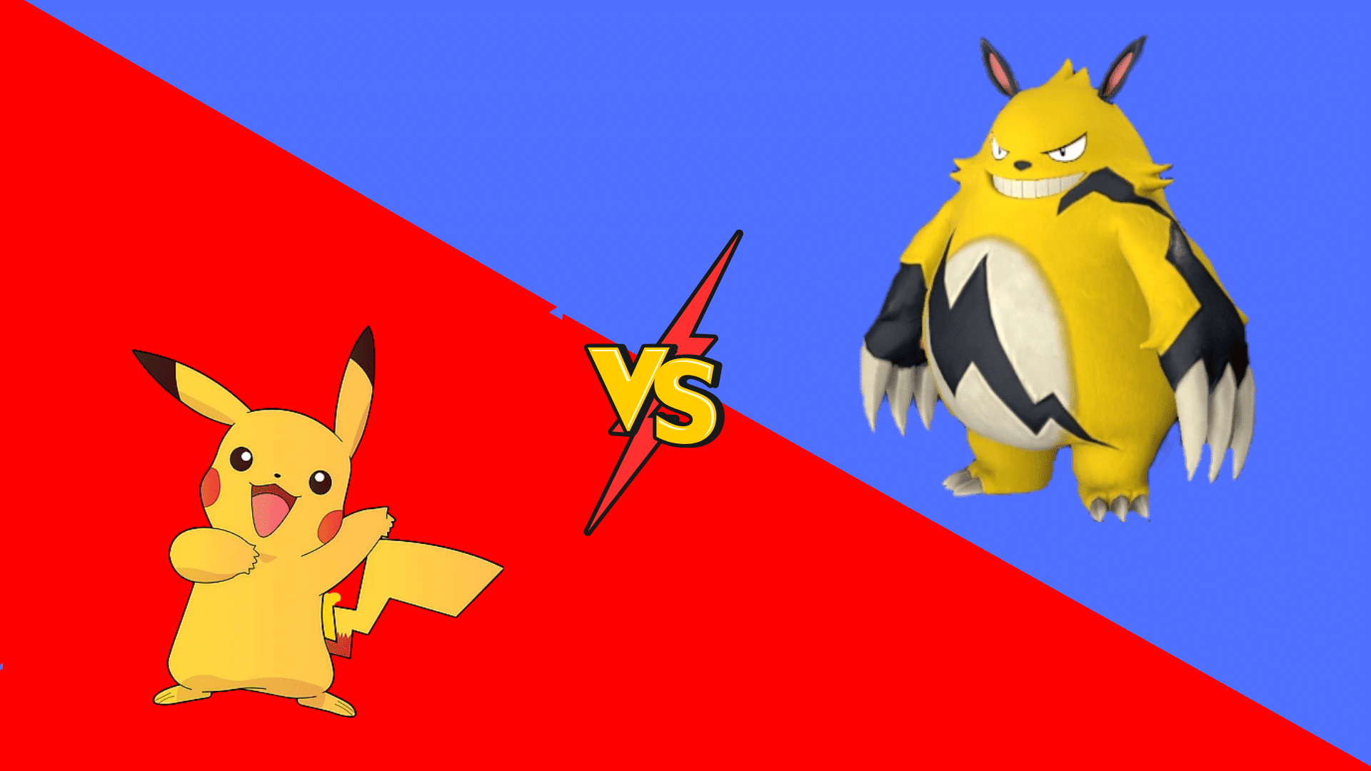 Pikachu facing a Grizzbolt creature on a red and blue split background with a VS symbol, showing Palworld vs Pokemon.