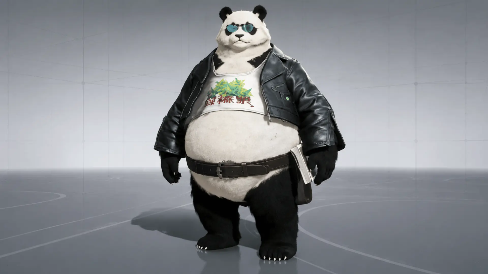 Panda character wearing a black jacket and sunglasses in a futuristic indoor area.