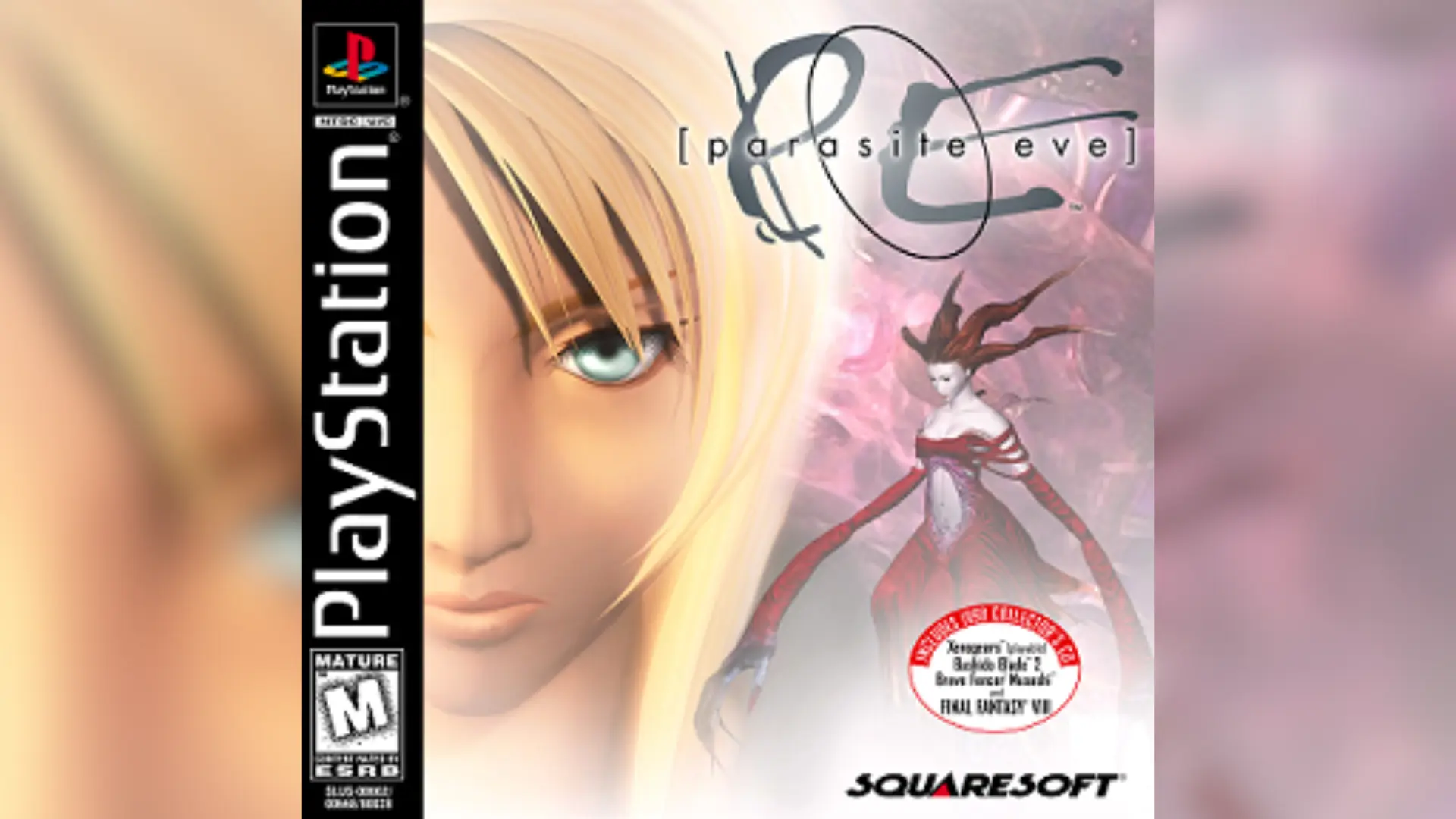Parasite Eve PlayStation game cover featuring a blonde woman's face and a red creature.