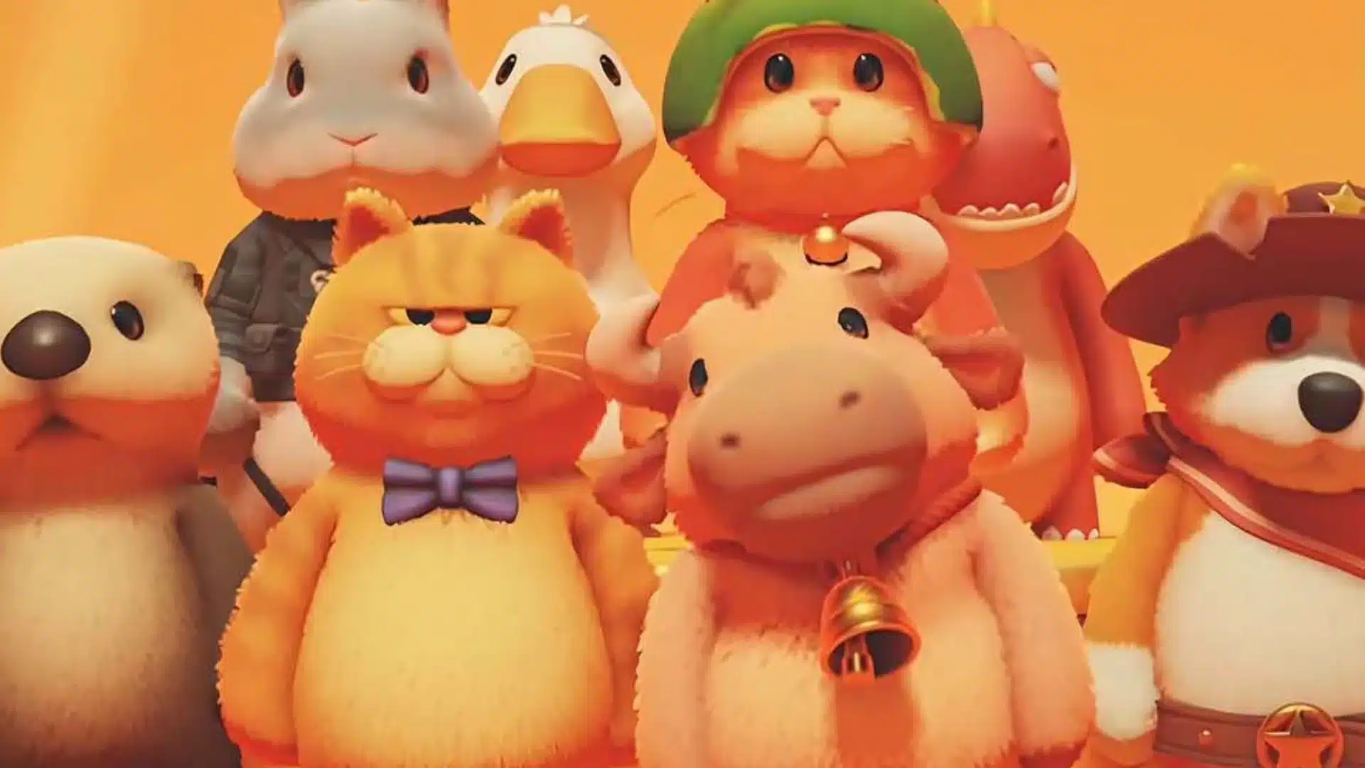 Cute animal characters pose together under warm orange lighting in a party game scene