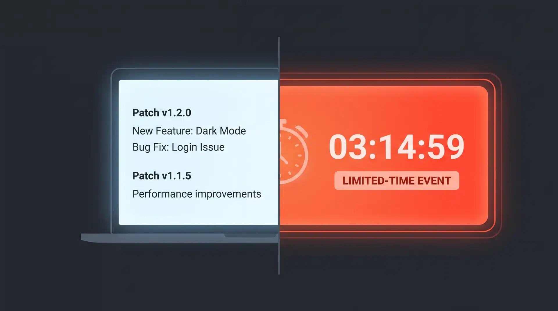 Patch notes list beside limited-time event countdown.