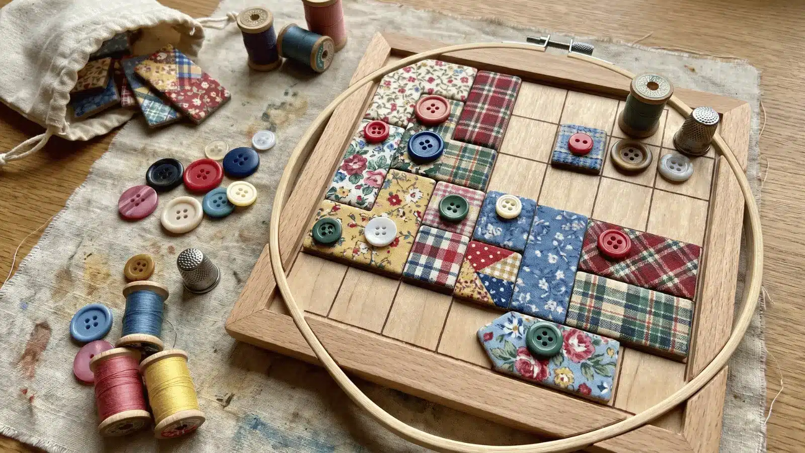 Puzzle quilt tiles arranged on a tabletop game board
