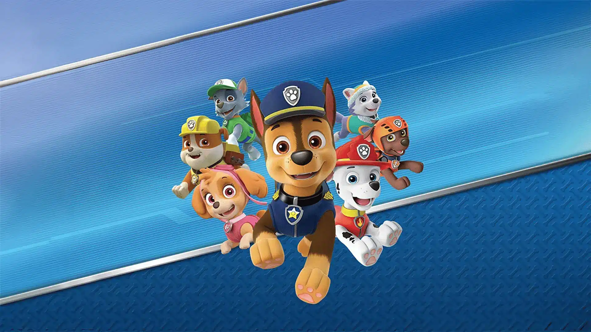 Paw Patrol characters including Chase and friends in rescue uniforms on blue gradient background