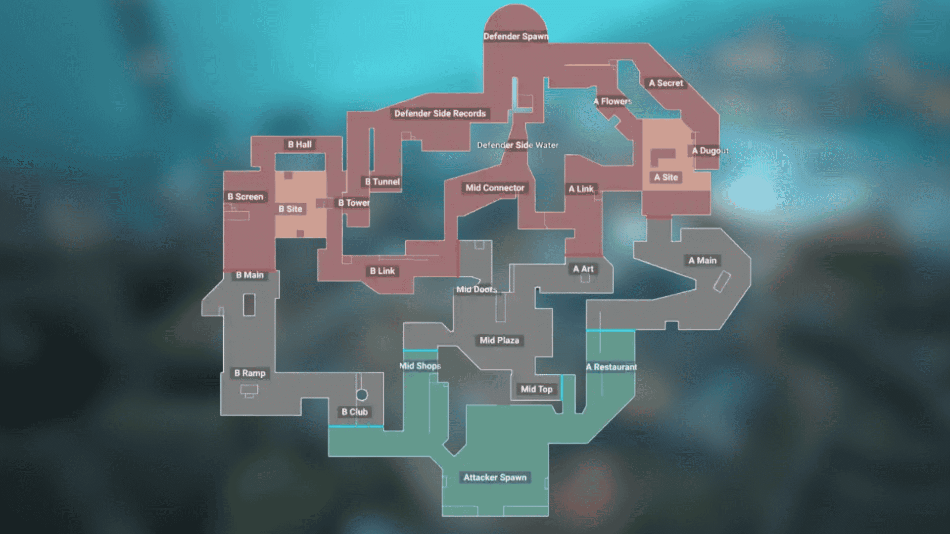 Valorant Pearl map layout showing A and B sites, attacker spawn, defender spawn, mid, and key callouts.