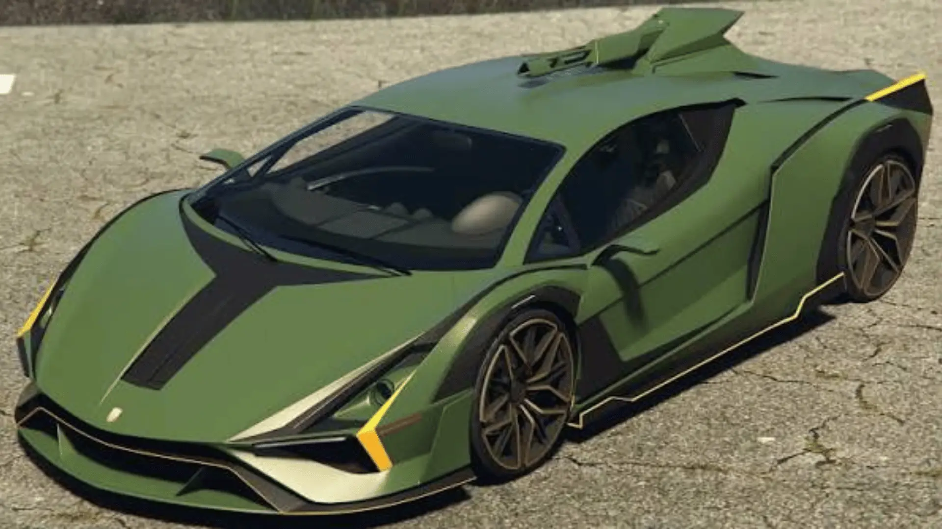 Green Pegassi Weaponized Ignus with black and yellow accents parked on a road in GTA Online.