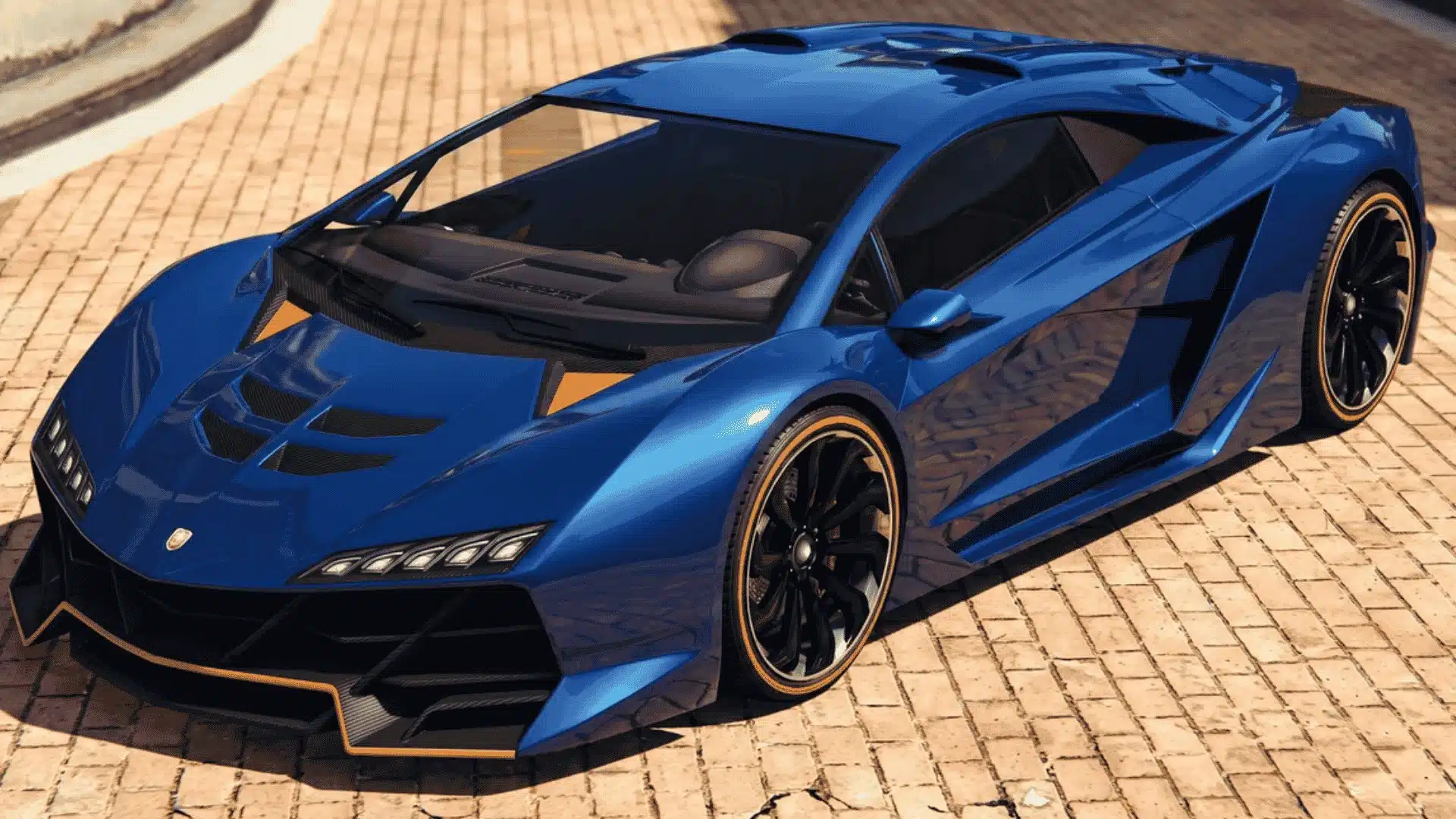 Blue Pegassi Zentorno with orange accents parked on a paved plaza in GTA Online