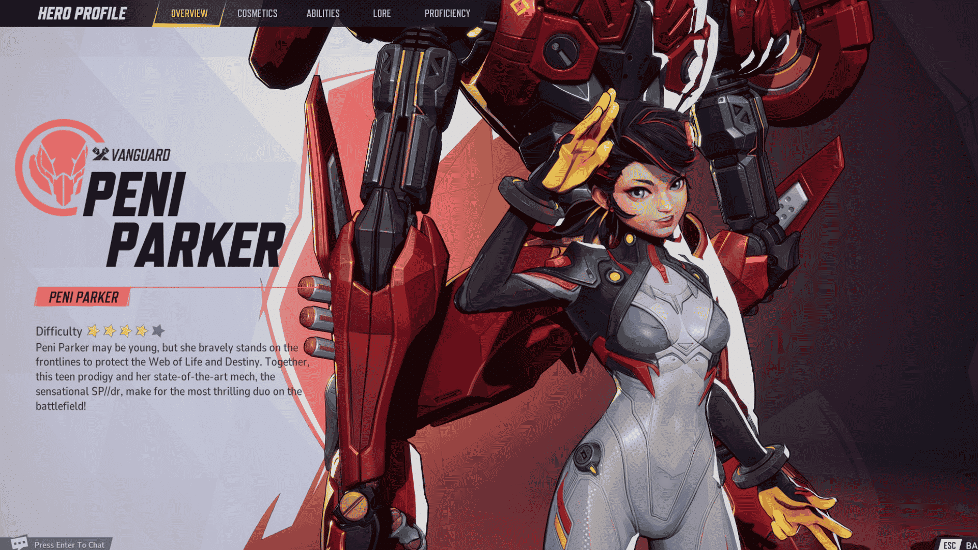 Peni Parker from Marvel Rivals standing in front of her red and black SP//dr mech suit.
