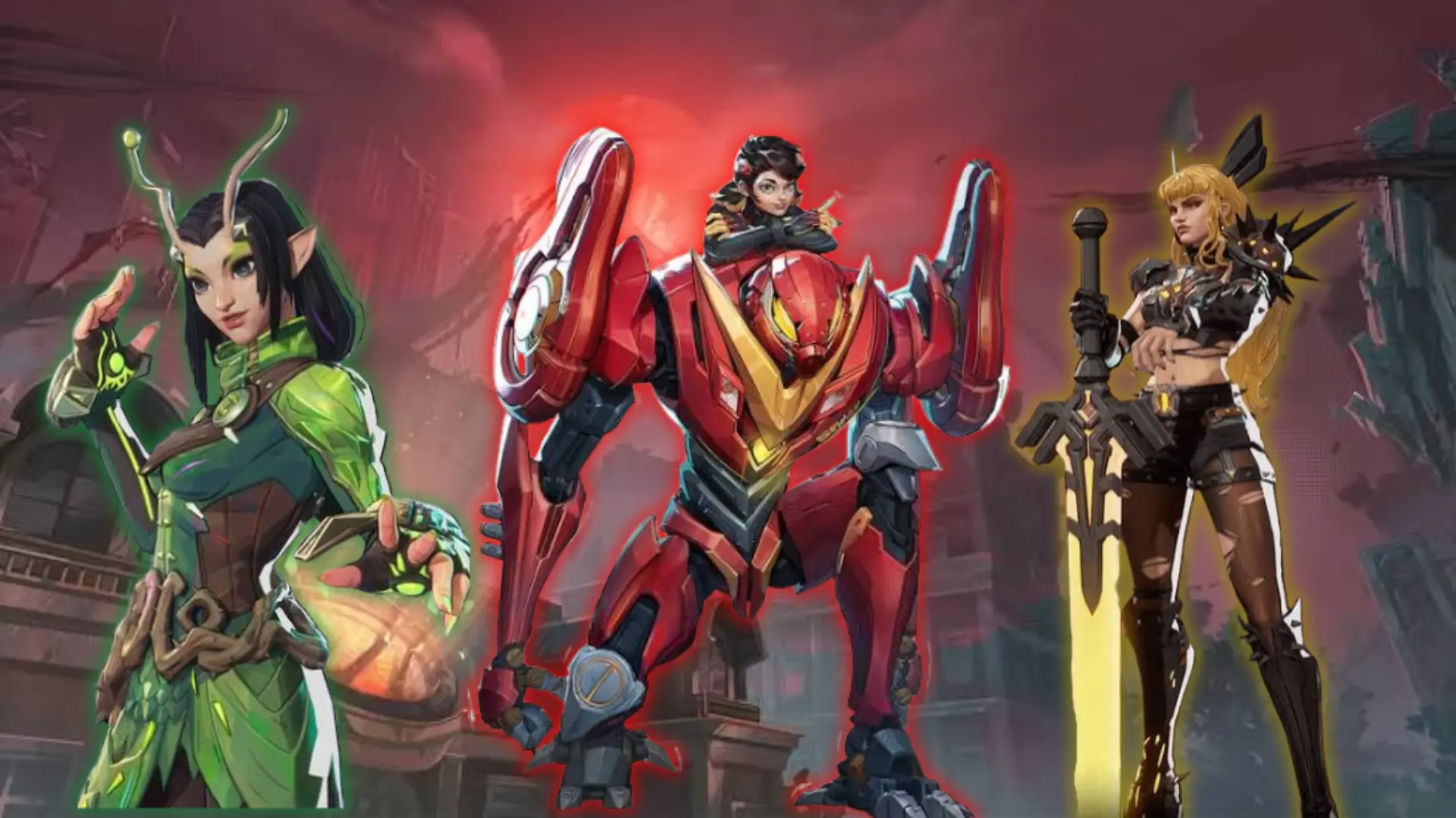 Peni Parker, Magik and Mantis from Marvel Rivals standing on a red background.