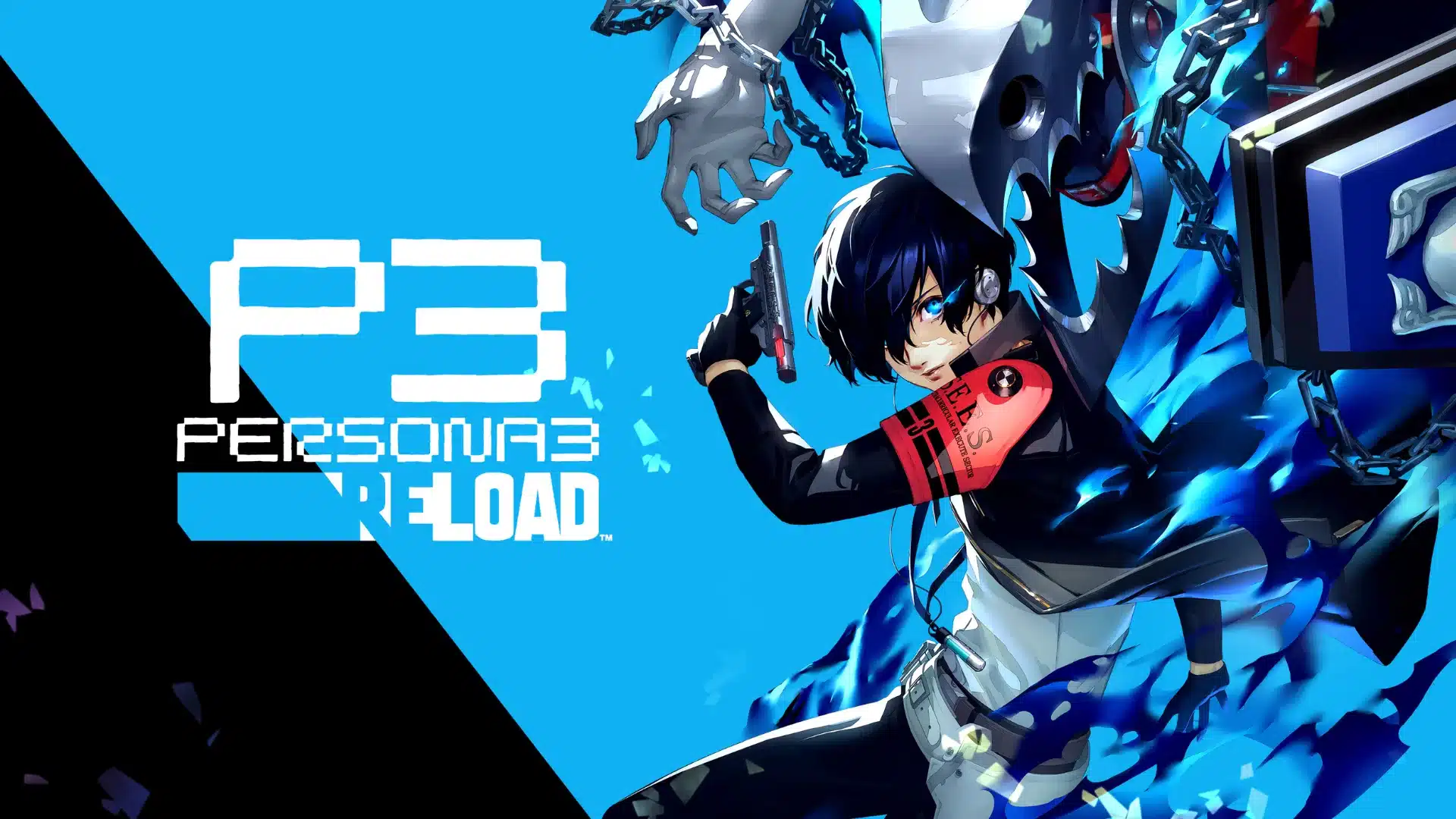 Persona 3 Reload protagonist poses with a gun beside a shadowy Persona on blue artwork