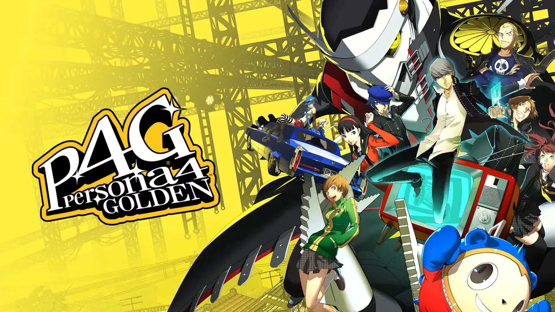 Persona 4 Golden cast poses beside the game logo against a vivid yellow city backdrop