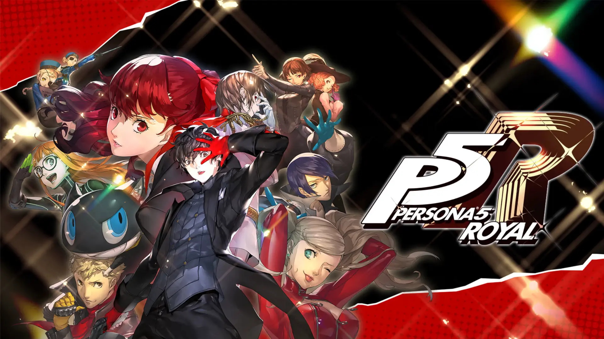 Persona 5 Royal characters posed beside the game logo on a red and black background