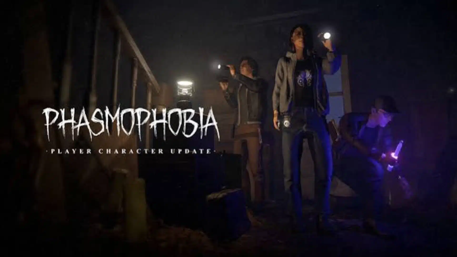 Phasmophobia cover showing a team of ghost hunters holding flashlights inside a dark, haunted building.