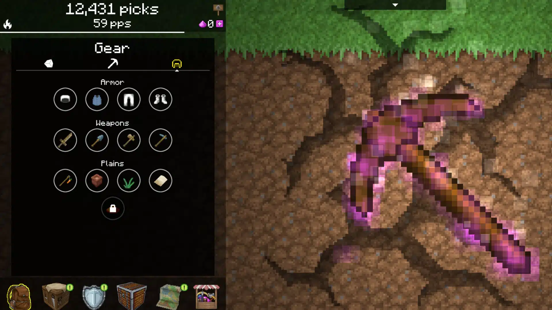 PickCrafter gameplay showing a glowing pickaxe, gear menu, pick count, and mining stats