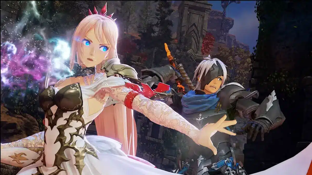 Close-up game cutscene of Shionne and Alphen in a dramatic scene from the action-RPG Tales of Arise