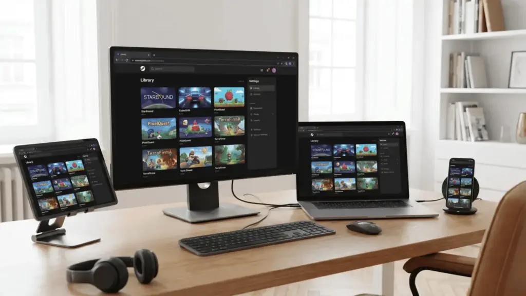 Desktop, laptop, tablet, and phone displaying a browser-based gaming platform library