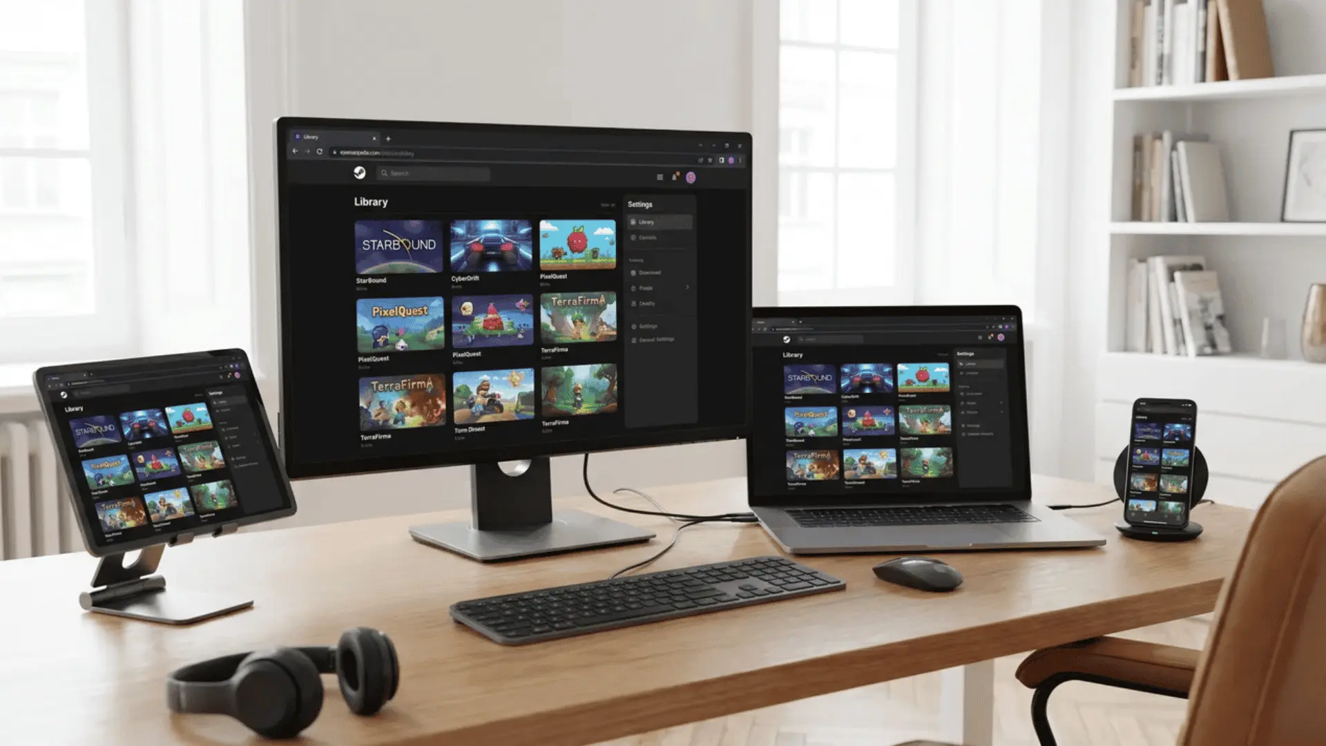 Desktop, laptop, tablet, and phone displaying a browser-based gaming platform library