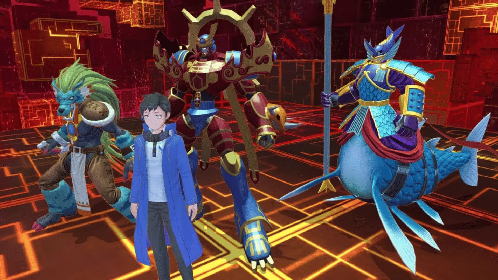 Player character stands beside wolf, knight and fish-like Digimon in a glowing red digital world.