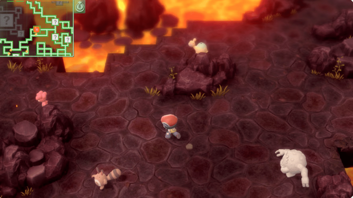Player explores a lava-filled Pokémon Hideaway in the Grand Underground with several wild Pokémon nearby.
