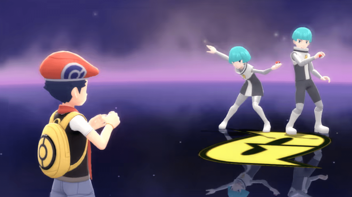 Player faces two Team Galactic Grunts before a battle in Pokémon Brilliant Diamond.