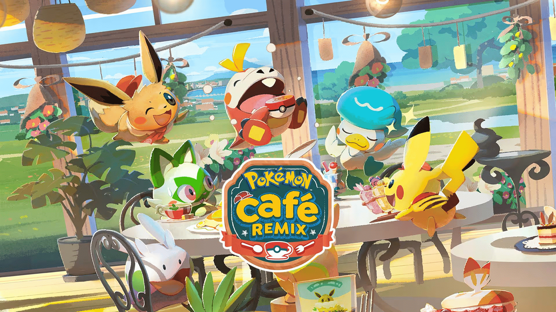 Artwork for Pokémon Café Remix featuring Eevee, Pikachu, Fuecoco, Sprigatito, and Quaxly at a sunny café table.