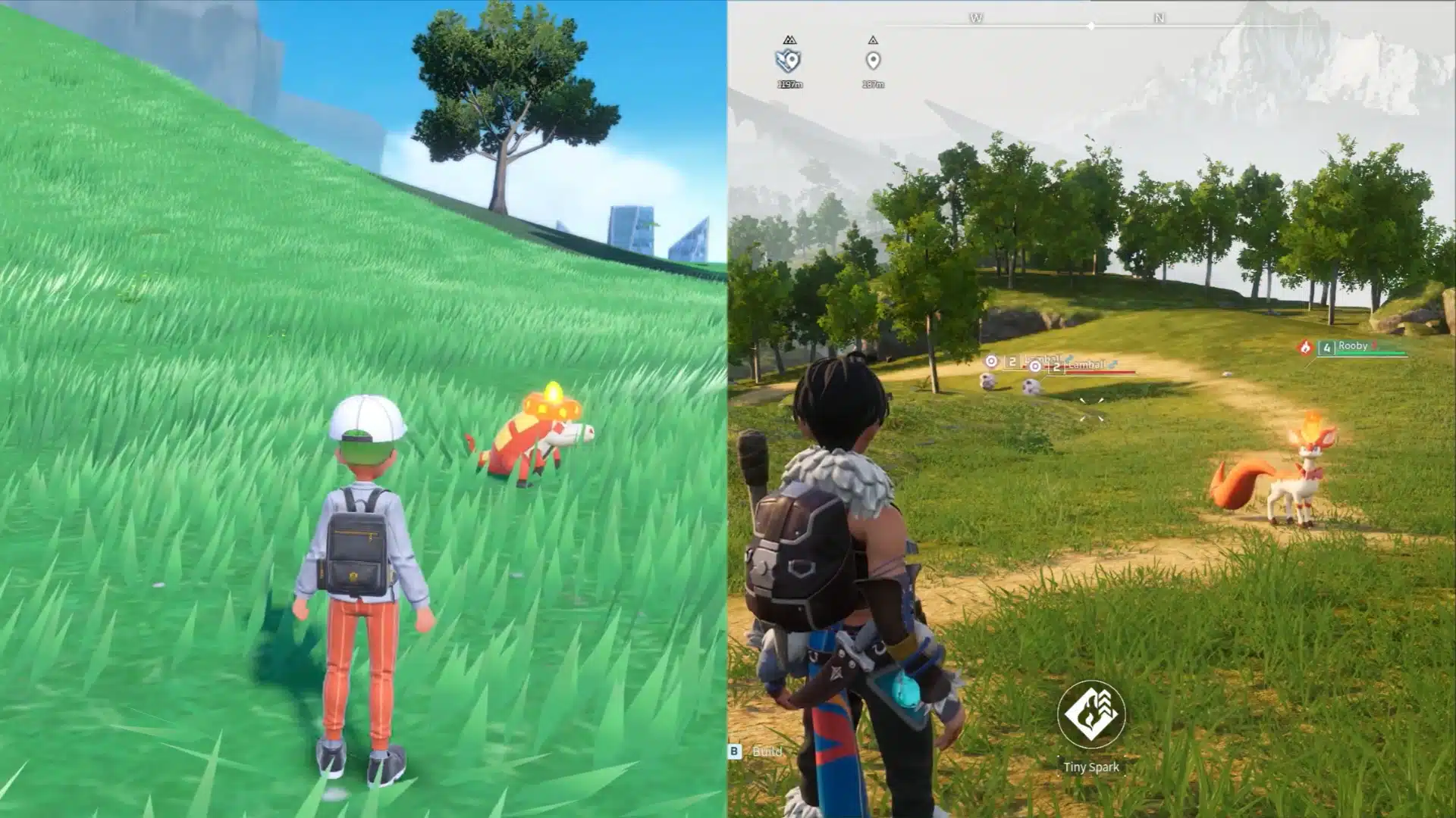 Split screen comparison showing wild creature encounters in Pokémon alongside real-time combat in Palworld.
