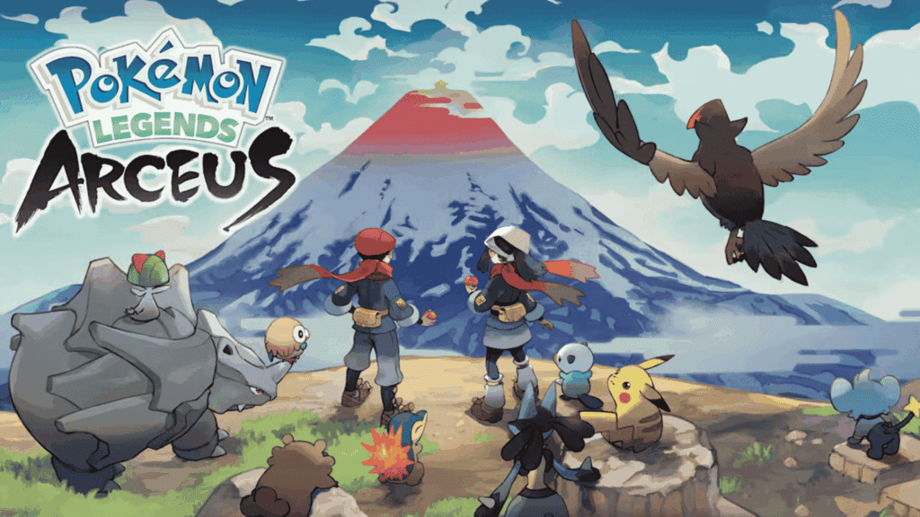 Pokemon Legends Arceus artwork showing trainers and Pokemon facing a snowy mountain in Hisui.