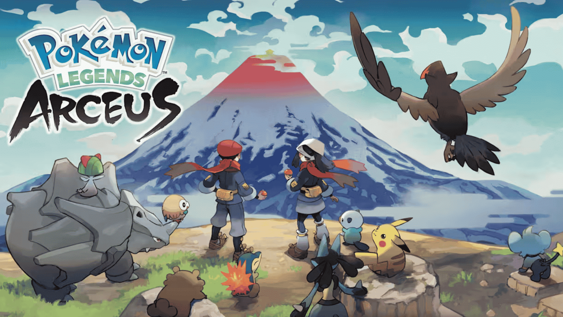 Pokemon Legends Arceus artwork showing trainers and Pokemon facing a snowy mountain in Hisui.