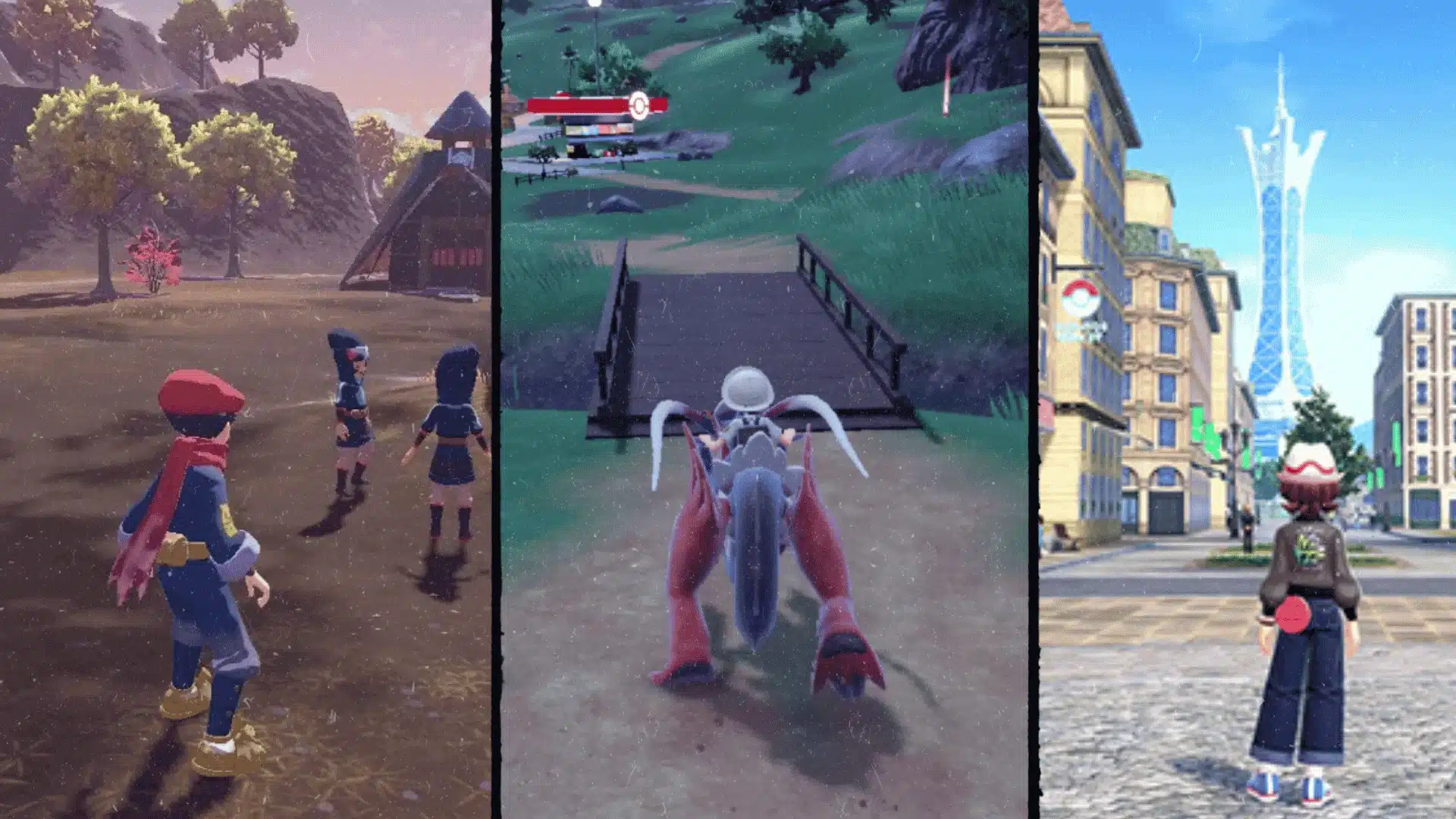 Pokemon Legends Arceus, Scarlet and Violet, and Legends Z:A gameplay scenes compared side by side