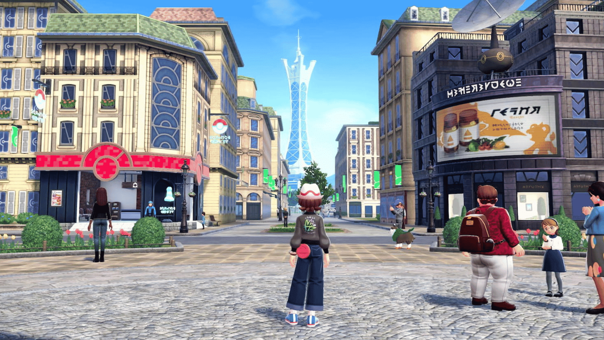 A player character stands in a Lumiose City street facing Prism Tower in Pokémon Legends: Z-A.