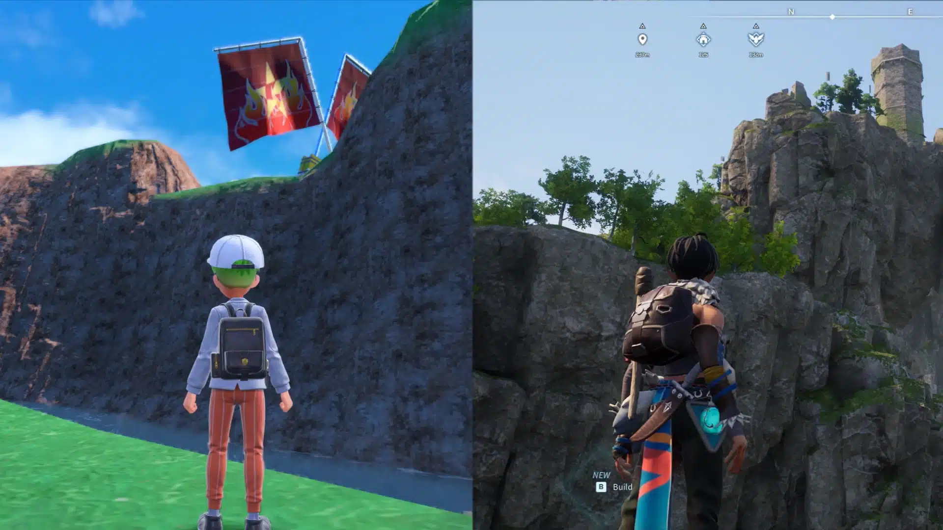 Side by side screenshot comparison showing open world environments in Pokémon and Palworld games