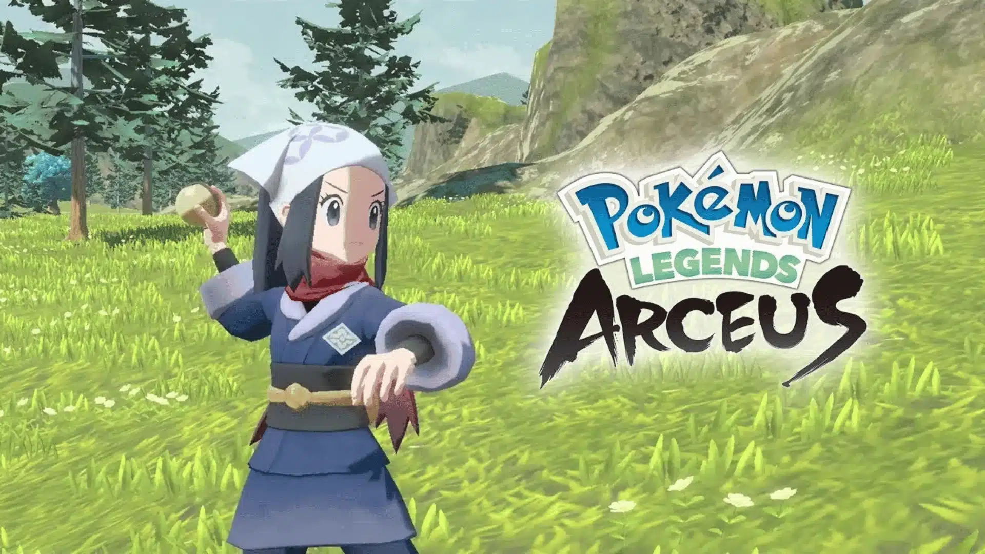 Pokémon Legends: Arceus promo image showing main character throwing a Poké Ball in grassy outdoor landscape