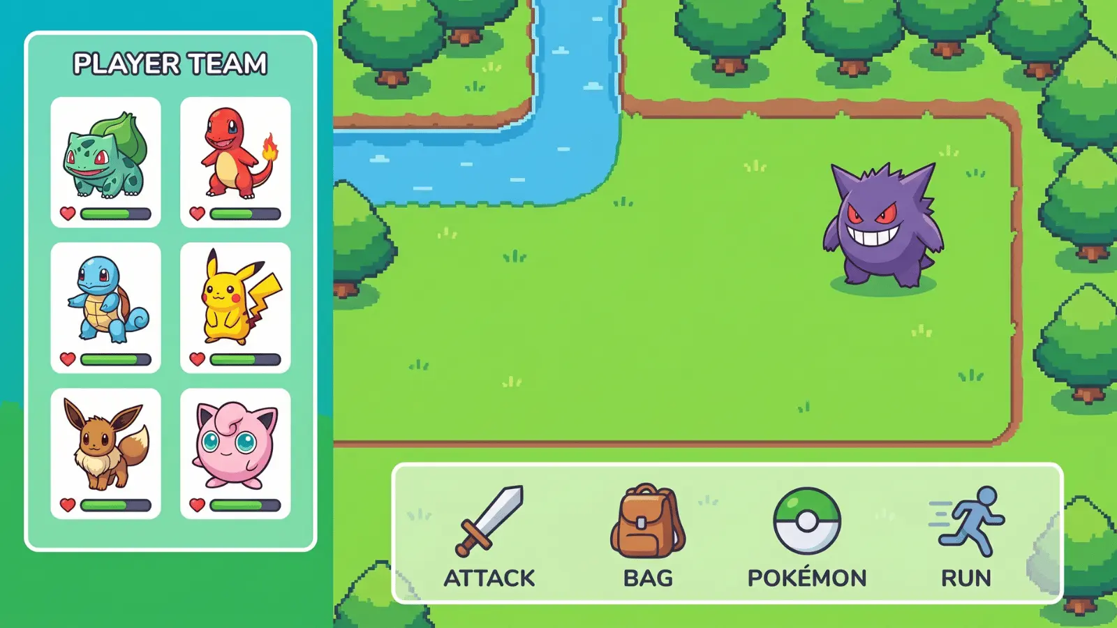 Player character with Pokémon team in battle screen