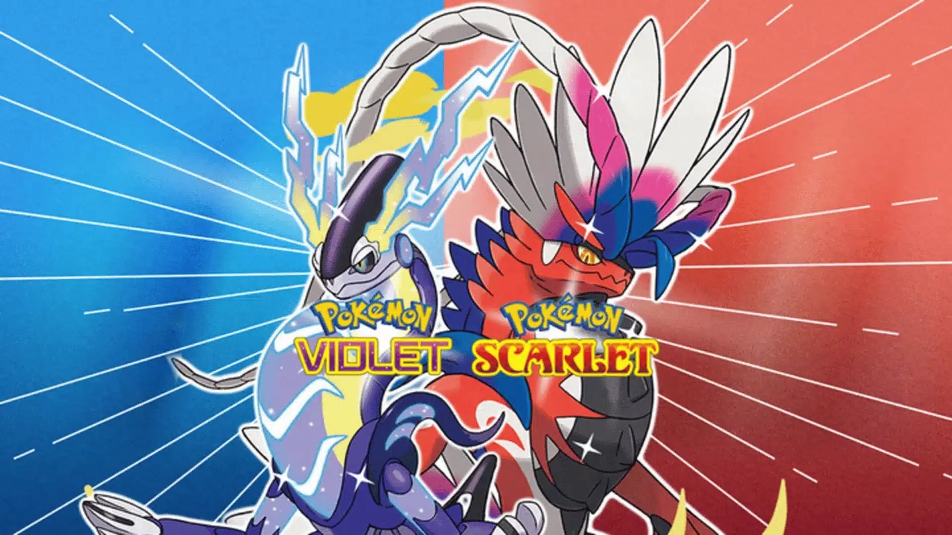 Promotional artwork for Pokémon Scarlet and Violet featuring legendary Pokémon Miraidon and Koraidon.