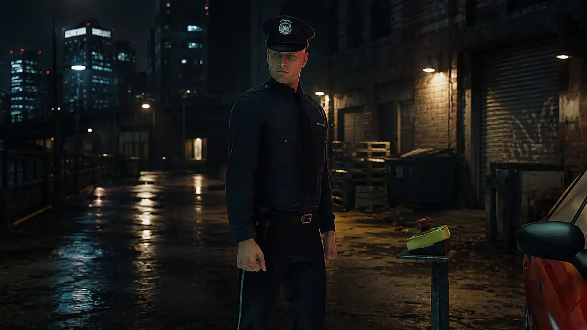 Police officer stands in a rain-soaked city alley beside a car and control box at night