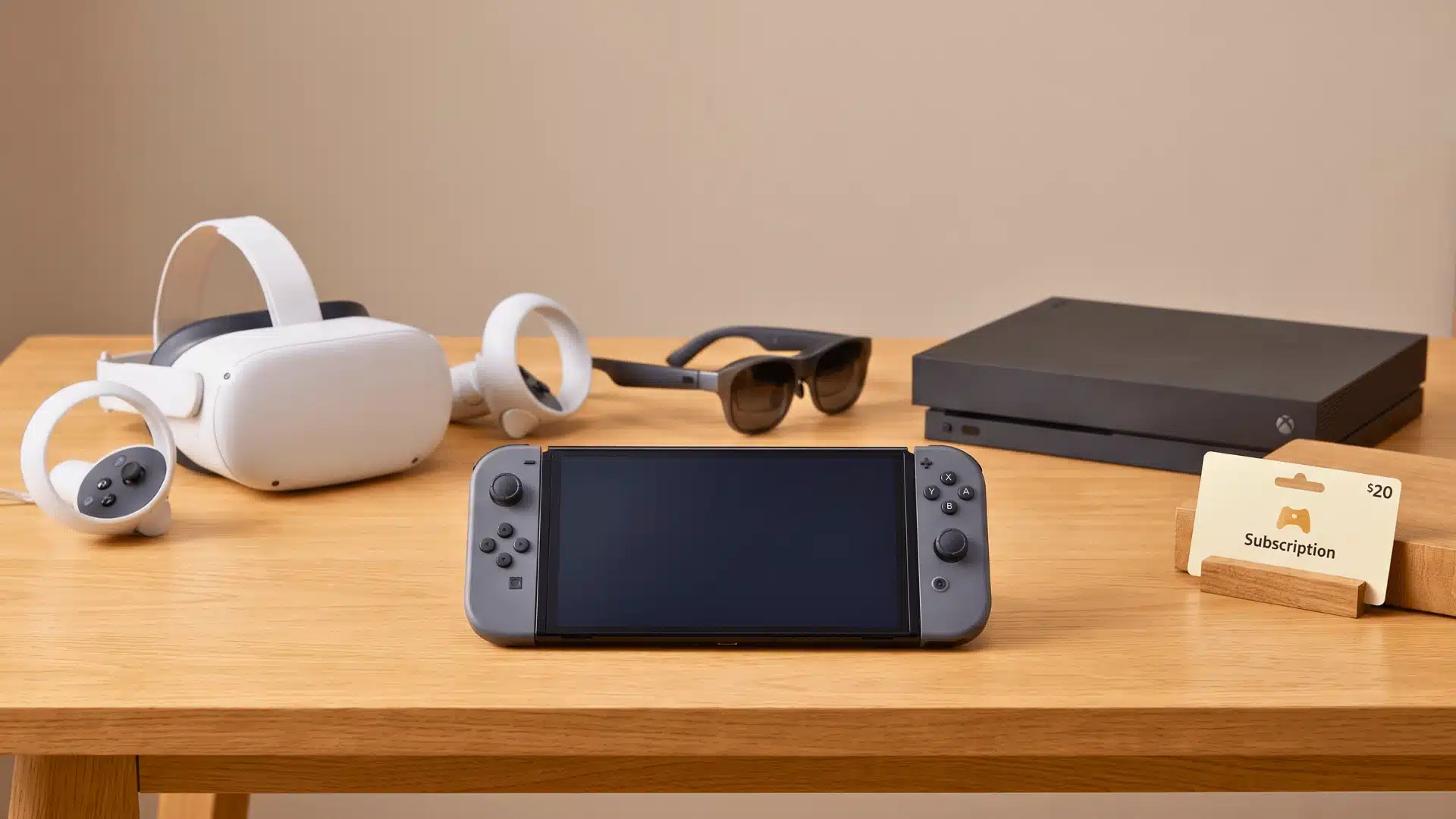 Handheld gaming device beside VR headset, smart glasses, console, and subscription card.