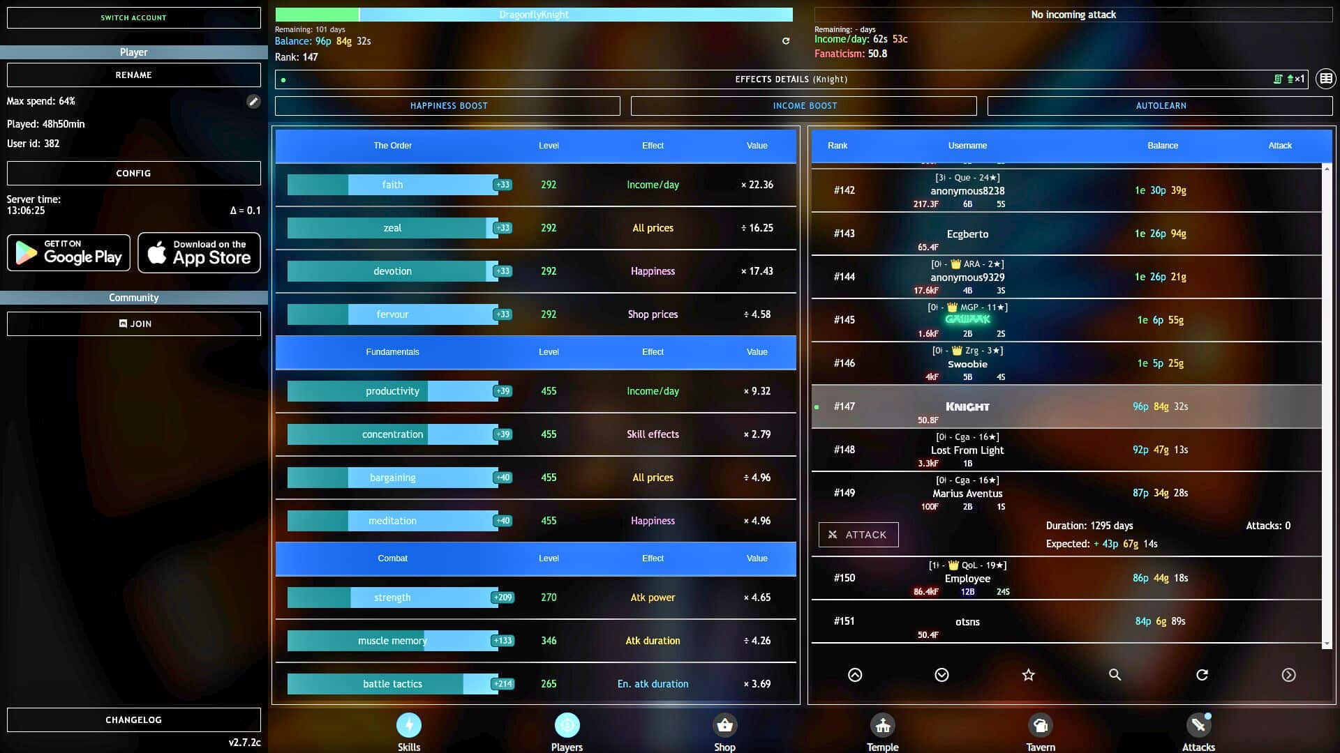 Progress Knight gameplay screen showing character skills, rankings, and progression stats