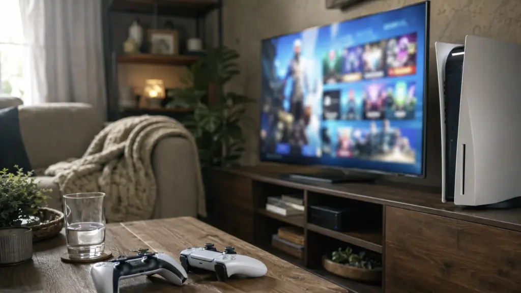PS5 console and two dualsense controllers on a living room media unit