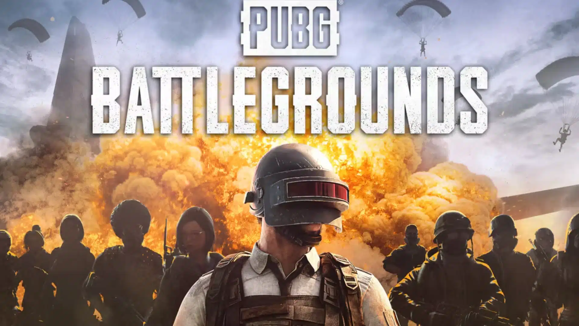 PUBG Battlegrounds soldier stands before an explosion as armed fighters gather behind