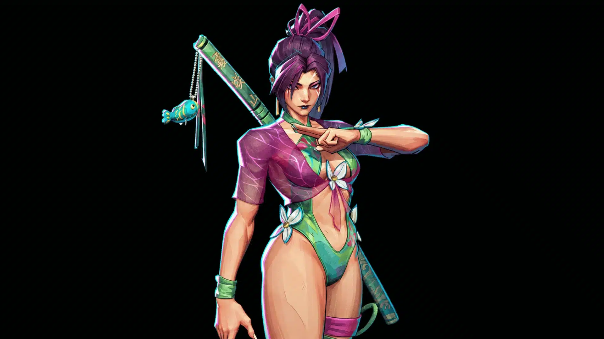 Purple-haired game character in a green and purple outfit with a sheathed sword against a black background