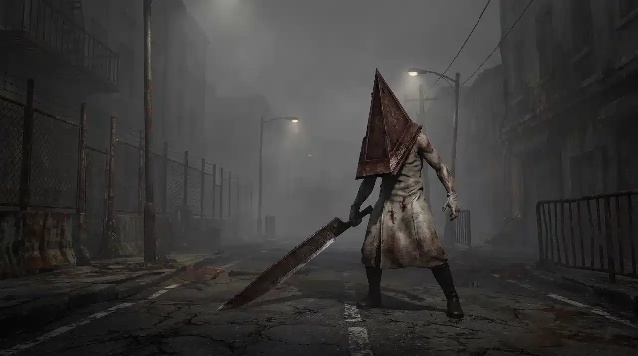Pyramid Head standing in a foggy street holding a large blade, iconic Silent Hill 2 monster design