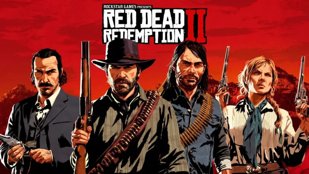 Red Dead Redemption 2 cover art with main characters against red background