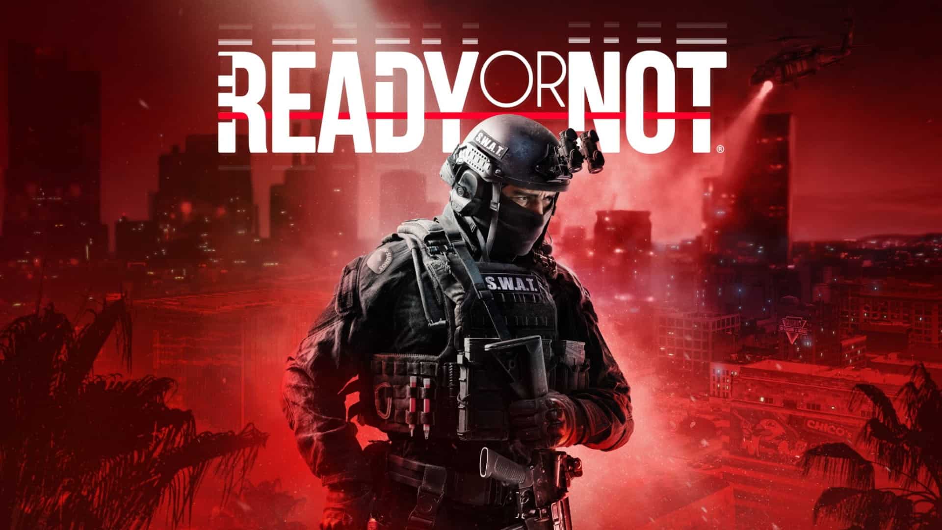 SWAT officer in tactical gear stands before a red city backdrop in Ready or Not game