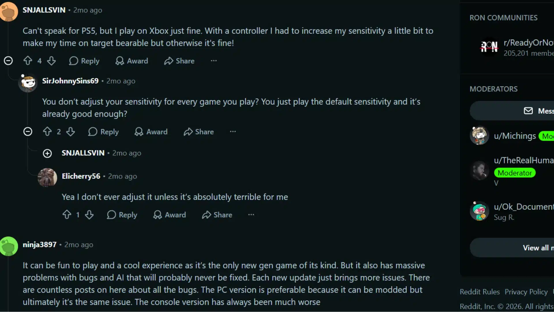 Reddit users discuss Ready or Not on Xbox, including controls, bugs, AI, and performance
