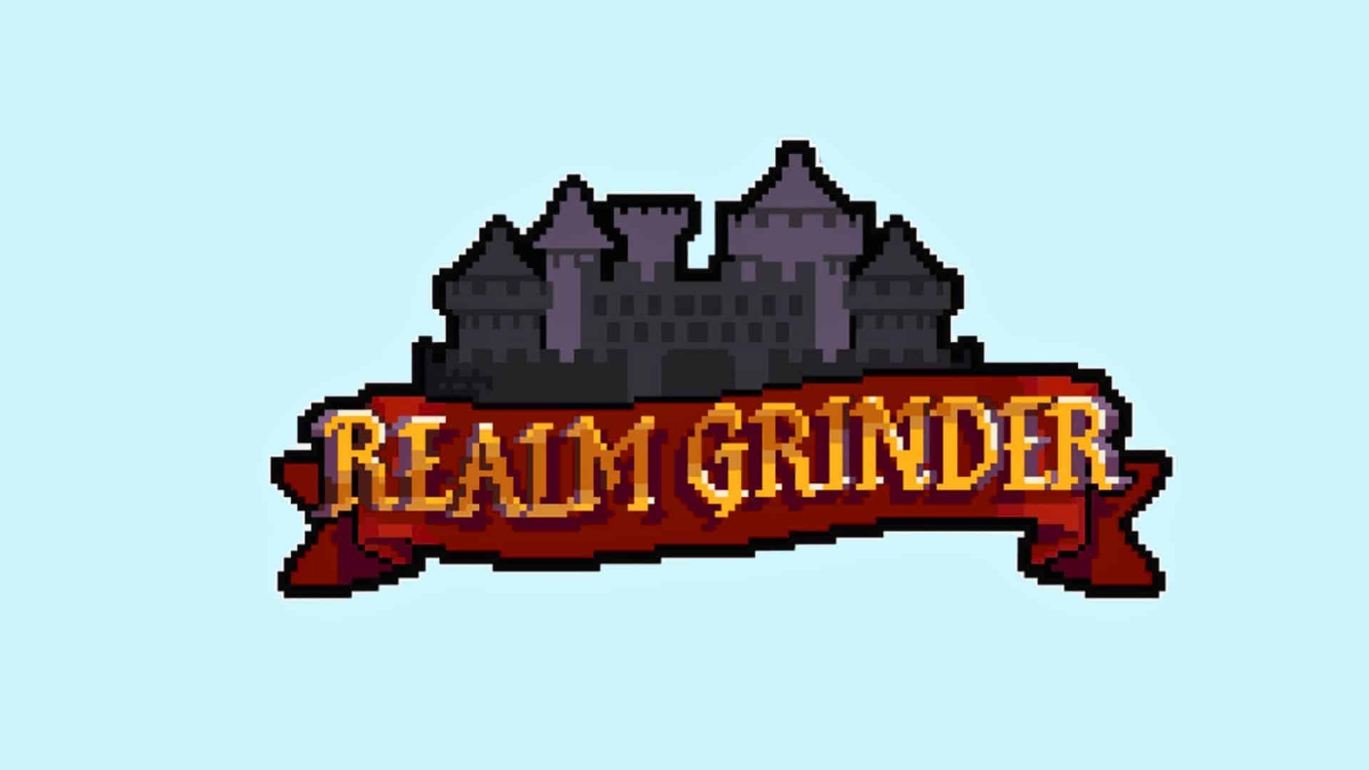 Realm Grinder game logo featuring a pixel art castle above the title.